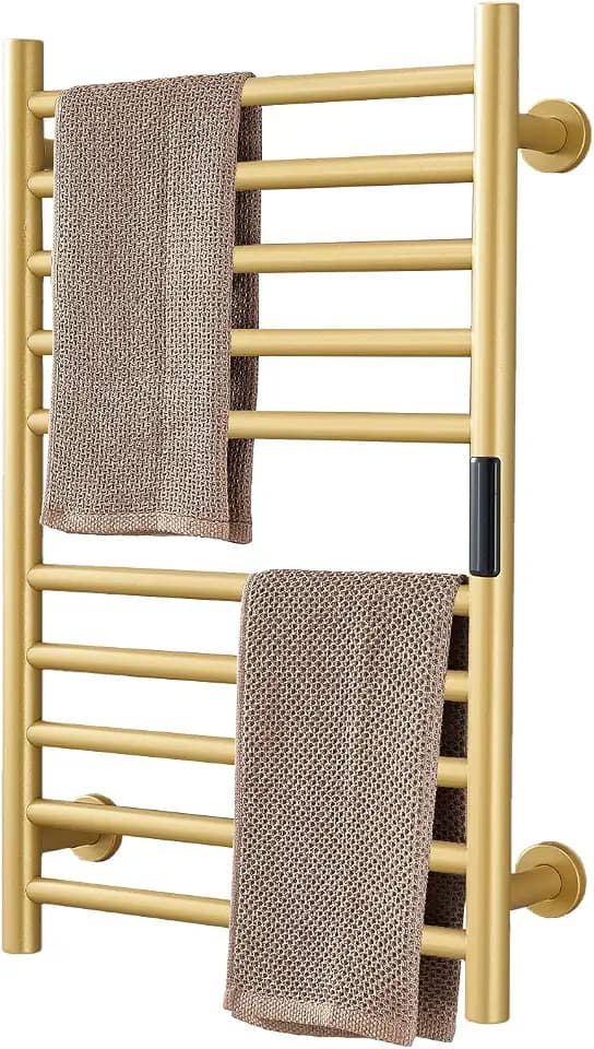 Gold Heated Towel Warmer Radiator Bathroom Accessories, Built-in Timer Temperature Control 10 Bars Electric Heated Towel Racks for Bathroom, Stainless Steel Towel Warmer Drying Rack, (Hardwired)