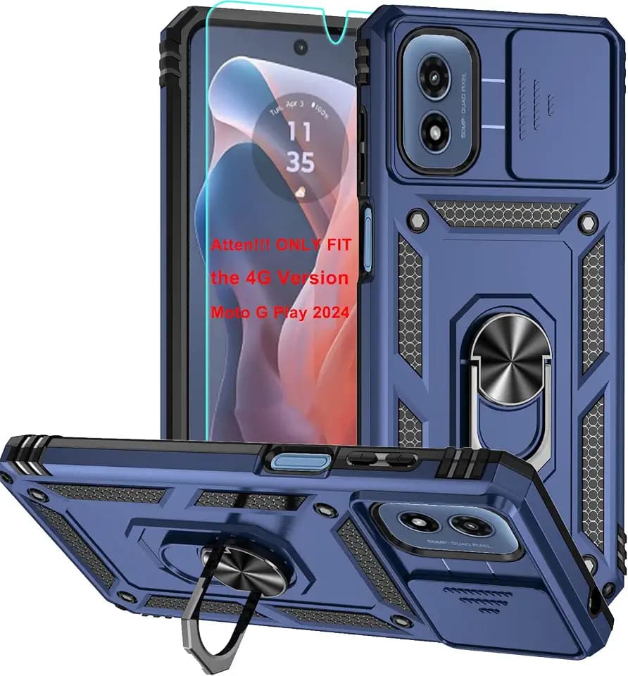 for Moto G Play 2024 Case, Soft Silicone Rubber Bumper Hard Plastic Phone Case with [Sliding Camera Lens Cover] [360° Rotatable Kickstand Ring] [HD Screen Protector] for Motorola G Play 2024 4G Blue