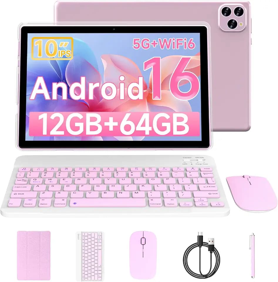 Tablet Android 16 10 Inch 12GB RAM+64GB ROM/ 1TB Expandable, 1280 * 800 HD Touch Screen, 5G WiFi6 BT 5.0, 2 in 1 Tab with Keyboard Case Mouse Stylus (Pink)
