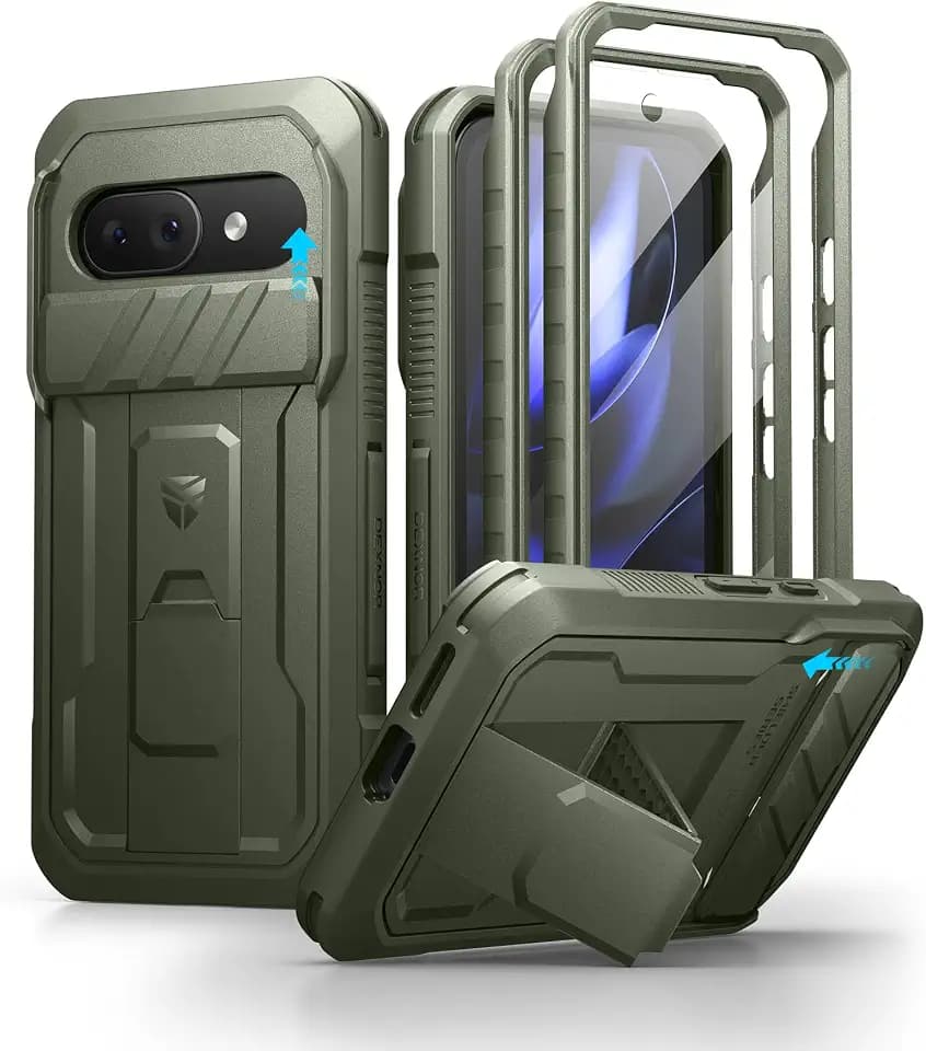 Dexnor for Google Pixel 9a Case with Slide Camera Cover & 2 Front Frames & Built-in Screen Protector & Heavy-Duty Kickstand, Full-Body Protective Cover Rugged Bumper Cases for Pixel 9a,Army Green