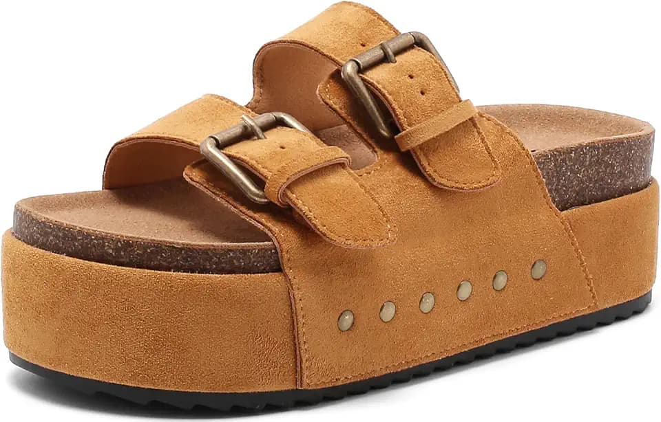 Women's Platform Sandals, Cork Footbed Slides with Double Buckles