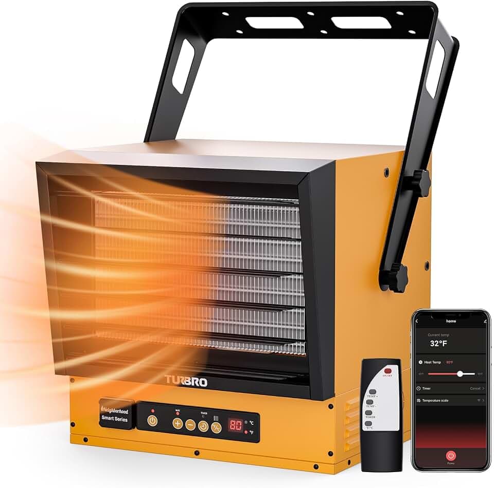 TURBRO 15,000W Electric Garage Heater, 240V Hard Wired, WiFi Enabled, Fan-Forced Shop Heater with Remote, Overheat Protection, Thermostat, 12-Hr Timer, Ceiling/Wall Mounted, ETL Listed, GH15K Smart