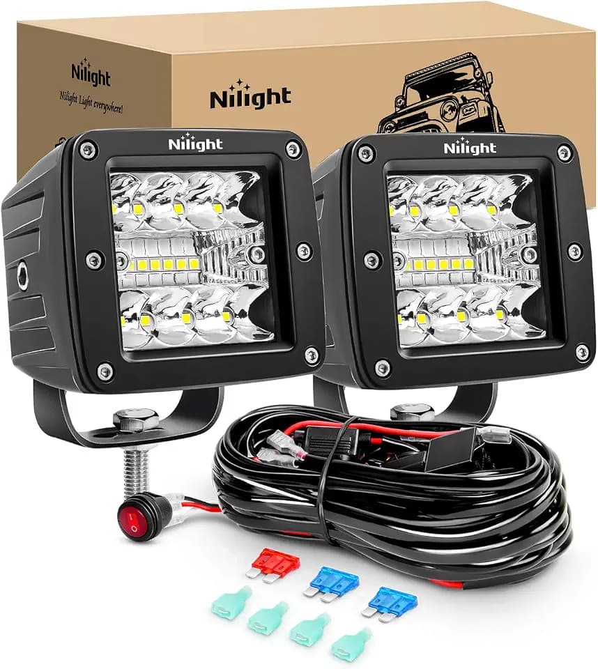 Nilight 2PCS 3Inch 42W LED Pods LED Cubes Upgraded Spot Flood Combo Beam Square Driving Light Backup Reverse Grill Mount with Wiring Harness Kit -2 leads, 2 Years Warranty