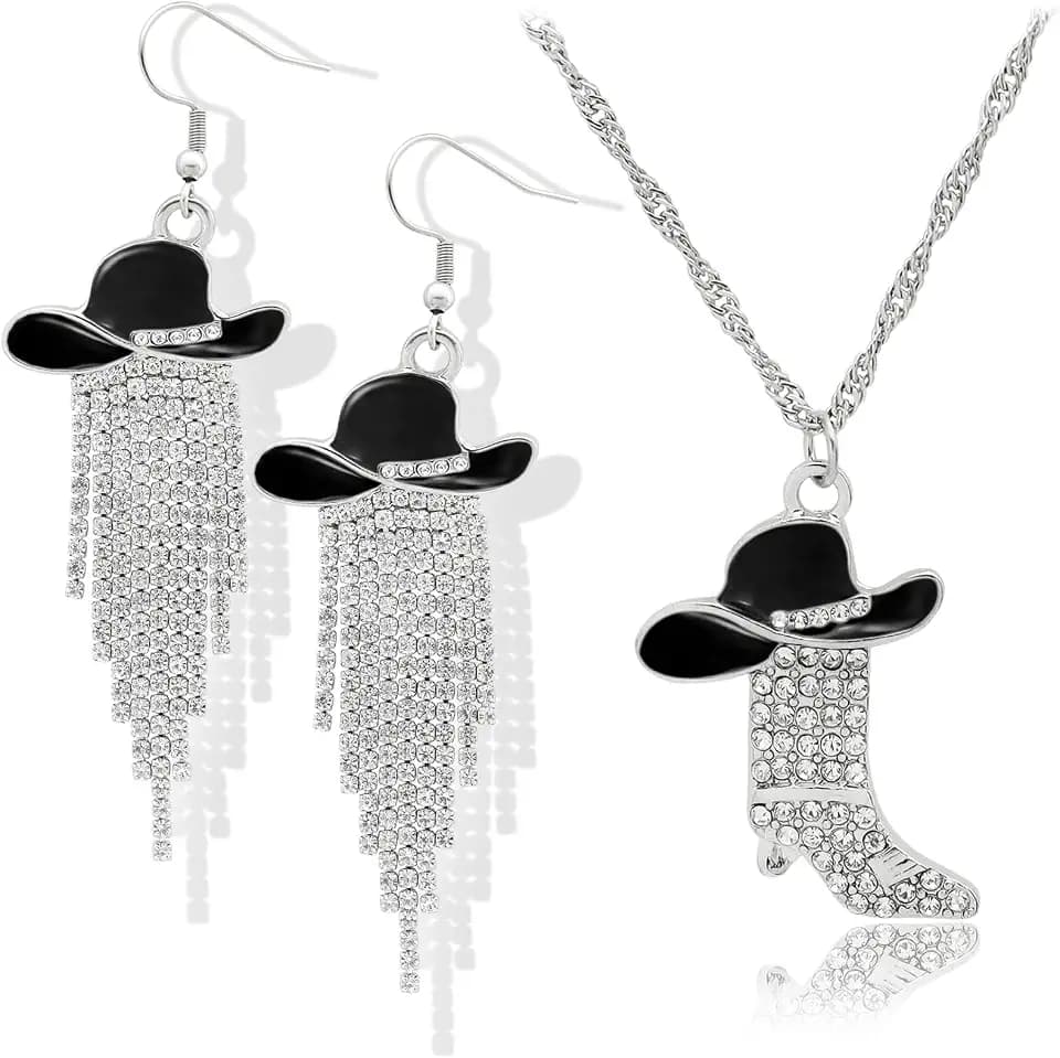 RechicGu 2pcs Western Earrings Necklace Jewelry Set,Sparkly Rhinestone Tassels Cowgirl Earrings+Crystal Boots with Enamel Cowboy Hat Pendant Necklac for Women,Wild West Country Rustic Style