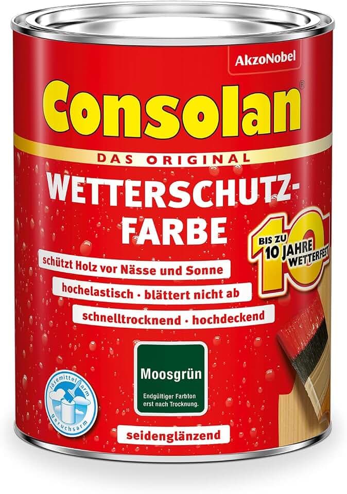 Consolan Wetterschutzfarbe, Deckender Holzschutz für Außen, Moosgrün, 750ml