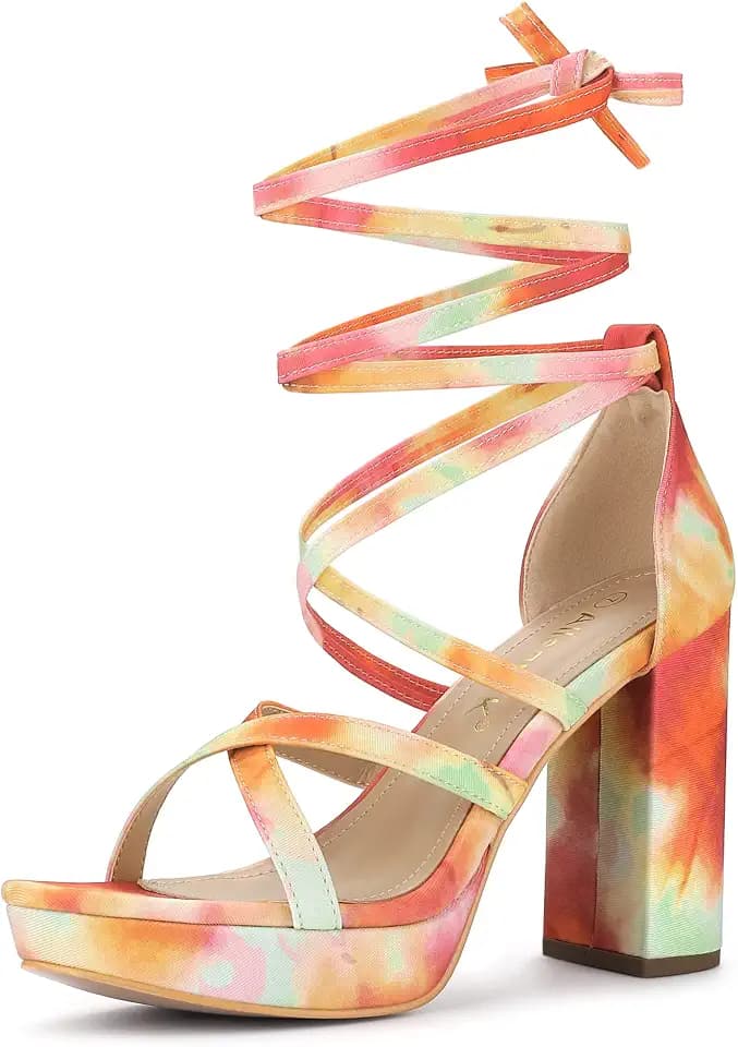 Allegra K Women Tie Dye Platform Chunky Heel Lace Up Open Toe Sandals