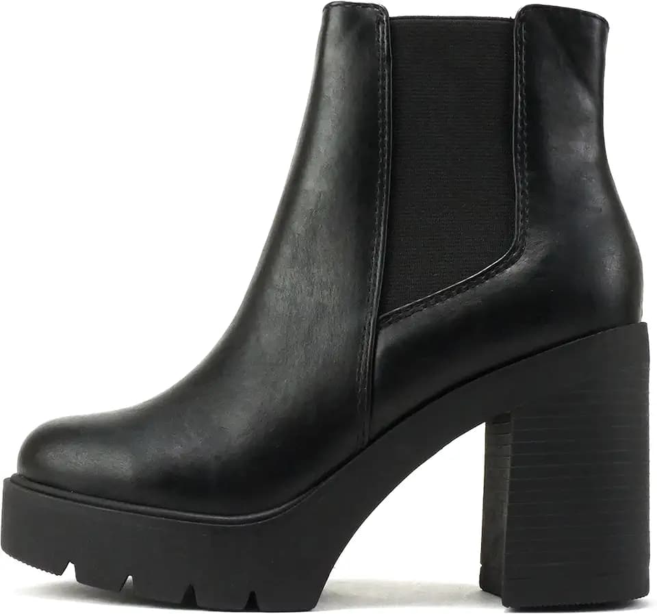 Soda EDITOR ~ Women Lug Sole High Heel Chelsea Fashion Ankle Boot w/Double Elastic Gore