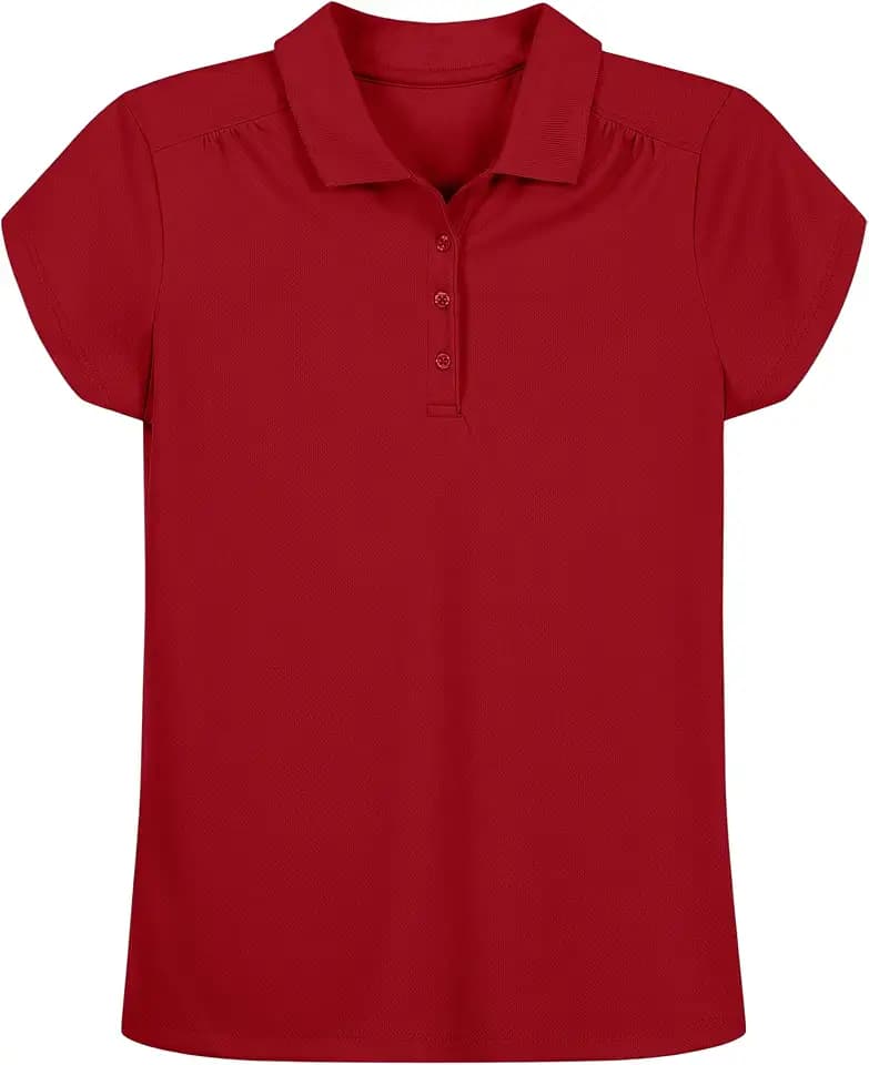 Nautica Girls' School Uniform Short Sleeve Polo Shirt, Button Closure, Moisture Wicking Performance Material, Shirring Detail