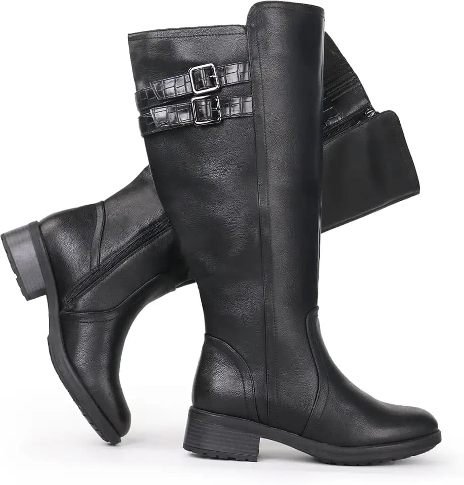 Damen-Stiefel mit extrabreitem Wadenabschnitt, Blockabsatz, gestapelter Schnalle, verstecktem Stretch, kniehoch