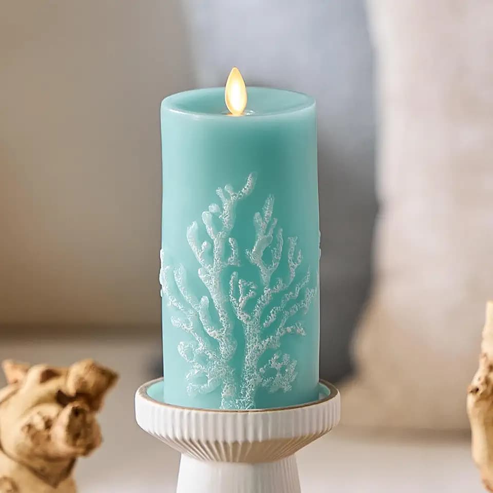 Luminara Embossed Coral Flameless LED Candle Moving Flame Pillar, Unscented Real Wax with Recessed Edge- 3" x 6.5" (Soft Teal)