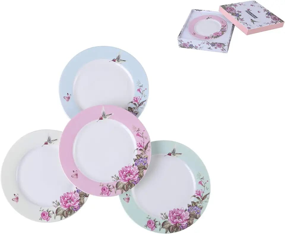 Dessertteller aus Porzellan, 17,8 cm, breiter Rand, Shabby Chic, Vintage, Vogel, Schmetterling, Blumen, 4 Stück, in Geschenkbox (1 Set)