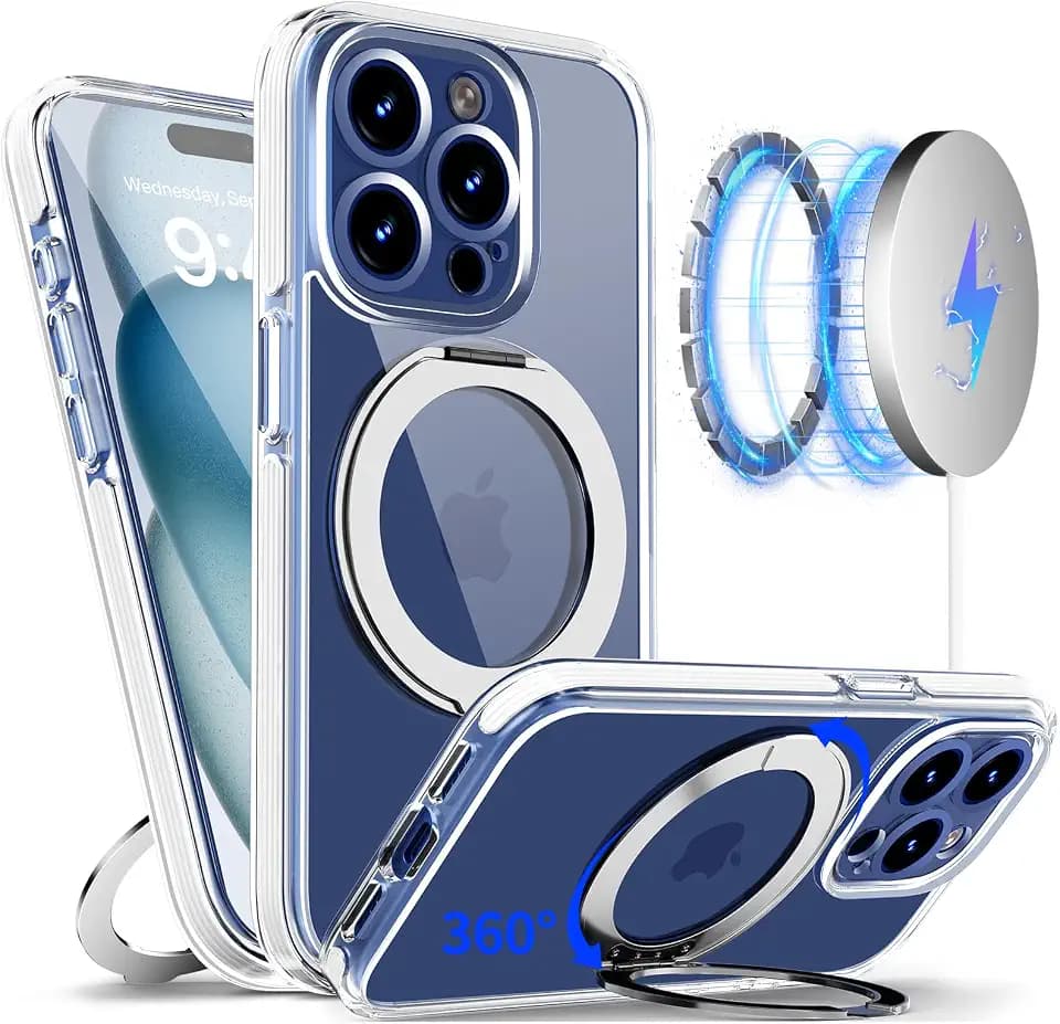 Magnetic for iPhone 15 Pro Case with 360° Spin Stand, White