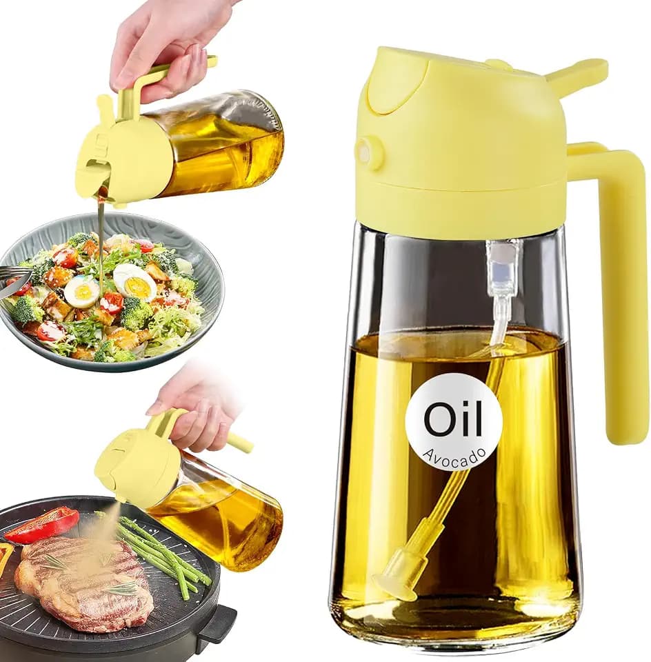 YARRAMATE Ölsprüher für Speiseöl, 2-in-1 Ölspender und Ölsprühflasche aus Glas, Ölspray für Airfryer, Olivenöl, Kochen, Salat, Grillen, 470 ml, Pomelo