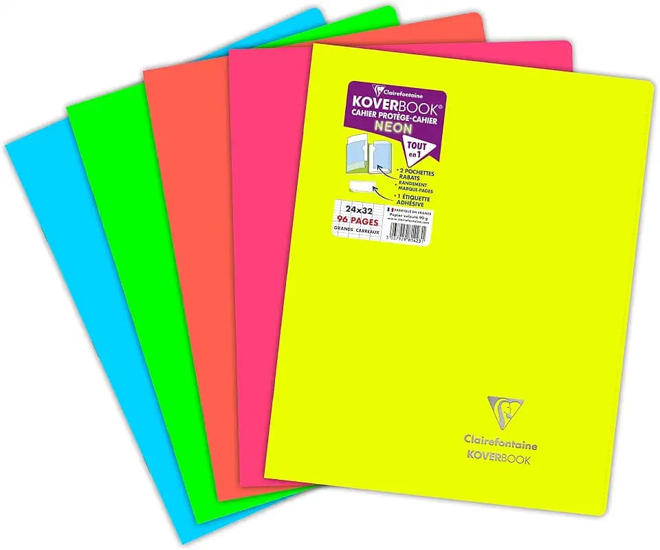 Clairefontaine 981423C - Heft Koverbook NEON geheftet Umschlag aus PP blickdicht 24x32cm 48 Blatt, französische Lineatur, farbig sortiert in Neonfarben, 1 Stück