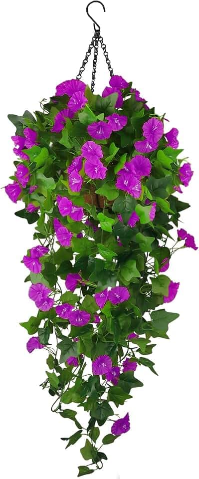 Artificial Fake Hanging Flowers Plants Basket for Spring Outdoor Outside Decoration, UV Resistant Faux Plastic Fabric Flower Morning Glory Wisteria Petunia for Garden Porch Patio Balcony Yard Decor