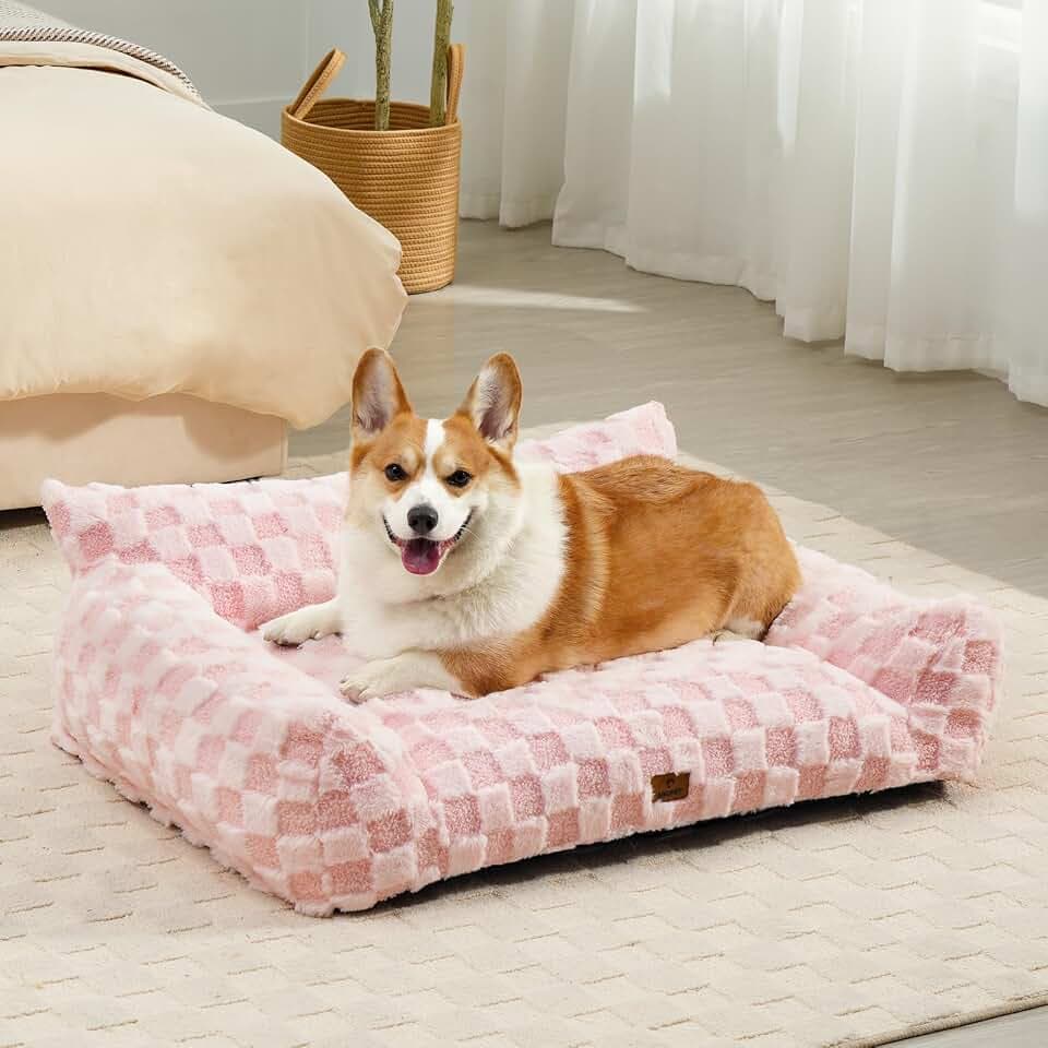 ABCPET Large Dog Bed Sofa, Fluffy Pet Bed for Medium and Large Dogs, Supportive Dog Couch Sofa for Dogs, Pet Sofas with Washable Cover & Non-Slip, 38 inch, Pink