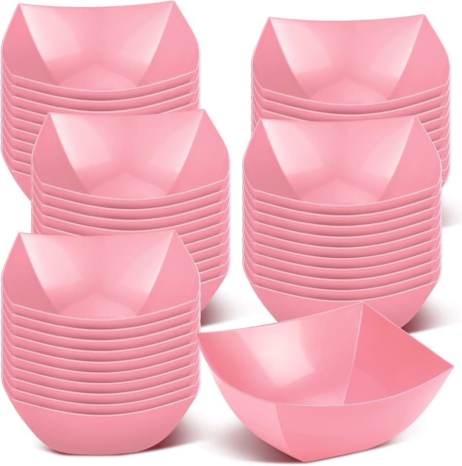 Tanlade 50 Pcs Square Plastic Serving Bowls Disposable, 8 oz, Pink