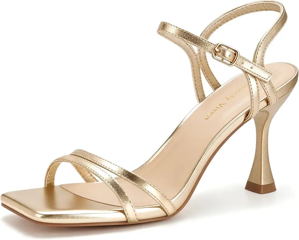 Women's Kitten Heels Strappy Lace Up Sandals, Gold, 7.5