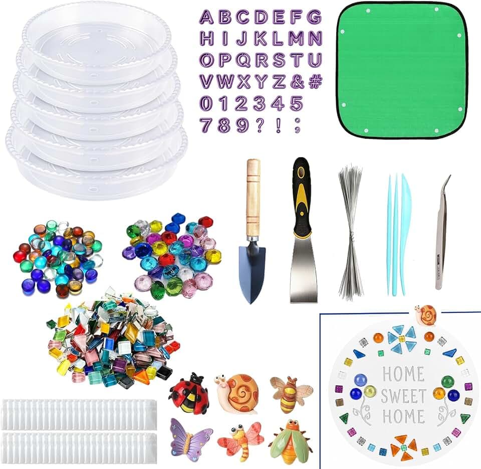 LNPUCEZI DIY Stepping Stone Kit with 5-Size Concrete Molds, Garden Stepping Stones Maker Set with Mosaic Tiles, Letter Stamps & Rebar Wires, Kids Handprint Keepsake Crafts (No Cement Mix)