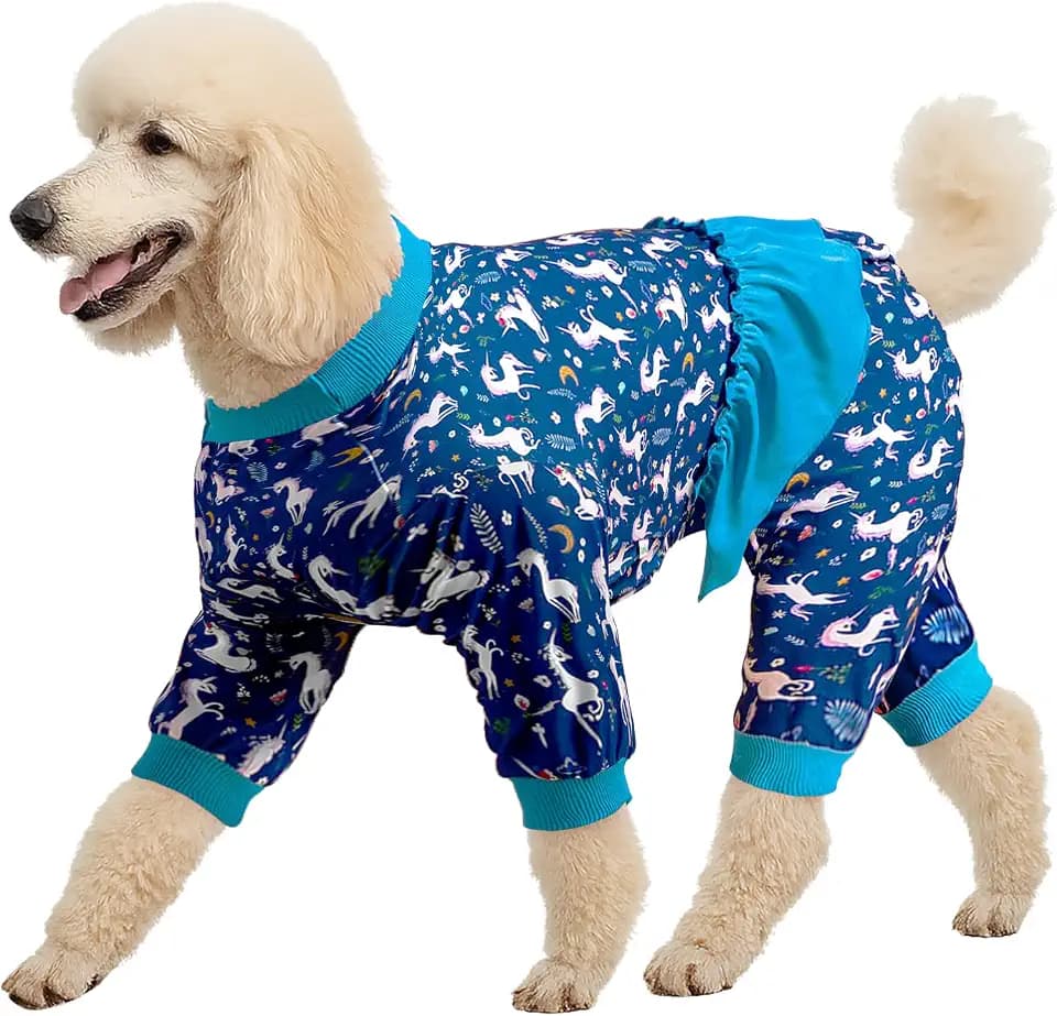LovinPet Large Dog Pjs, Pullover Large Puppy PJs, White Print, Blue, XL