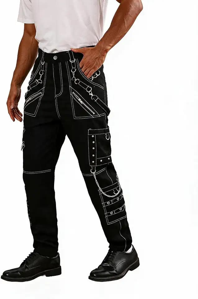 Idopy Men`s Steampunk Gothic Hiphop Streetwear Stage Performance Party Punk Rock Pants with Chain