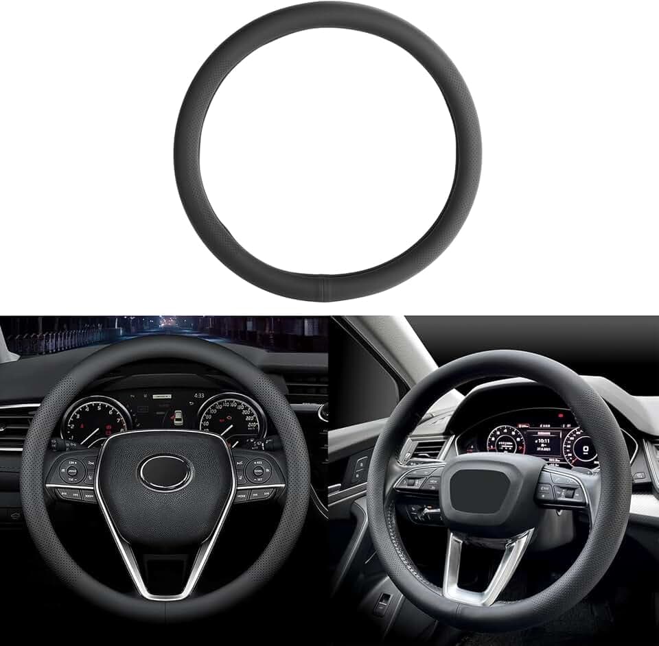 Auto Lenkradbezug,Anti-Rutsch Lenkradhüllen,Mode Anti-Rutsch-Leder Auto Innenraum Leder Lenkradhülle,Dünn,Atmungsaktiv 37-38cm / 14.5-15in, Schwarz