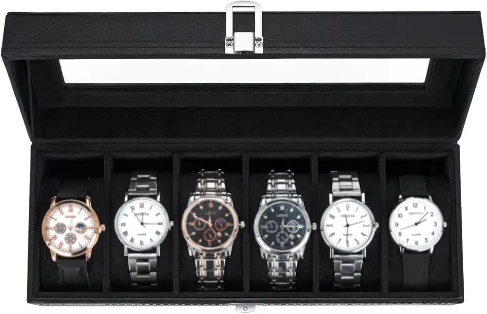 Ohuhu Uhrenbox mit 6 Fächern, Watch Box mit Glasdeckel & PU-Bezug