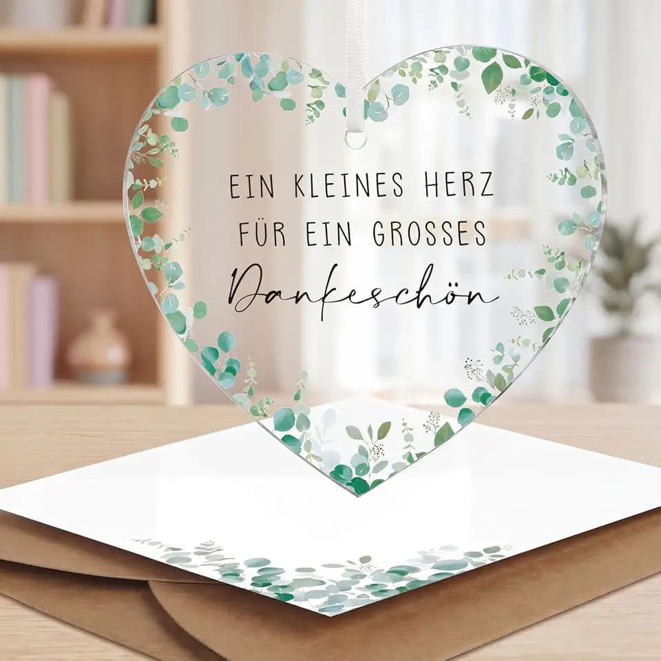 Dankeschön Geschenk Acryl Anhänger, mit Karte und Umschlag, Ein kleines Herz für ein großes Dankeschön, Herz Danke Geschenk für Hochzeit Geburtstag Jahrestag Ruhestand (Blätter)