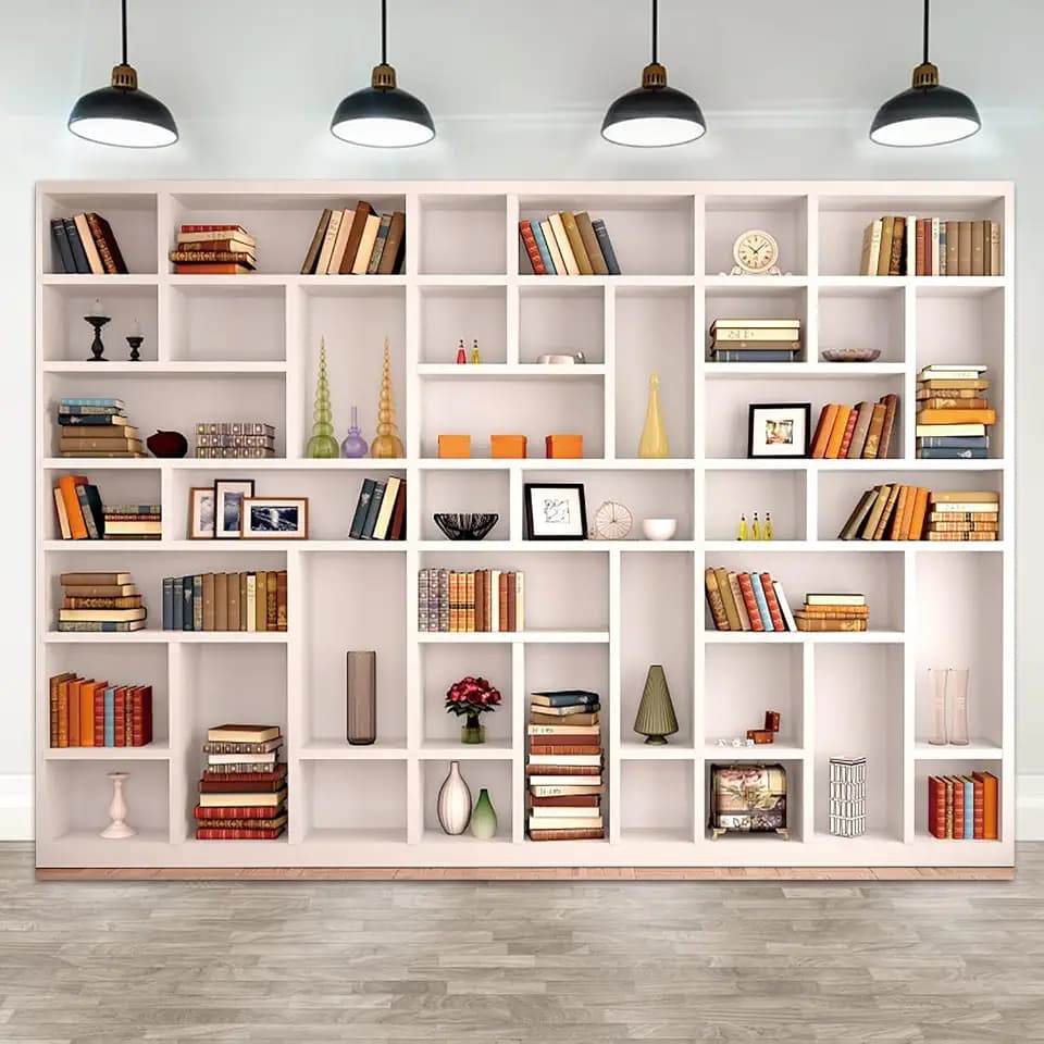 8x6ft Bookshelf Backdrop White Bookcase Modern Office Photography Background Books School Library Meeting Video Conference Banner Decorations Students Teachers Portrait Photo Booth Prop
