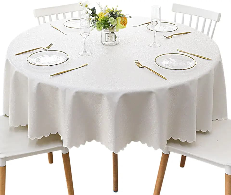 Jeloris Round Waterproof Vinyl Tablecloth, Stain Resistant Heavy Plastic Tablecloth, Wipeable Spillproof Oil-Proof Vinyl Table Cover for Kitchen, Dining, Parties, Wedding (78 inch, White)