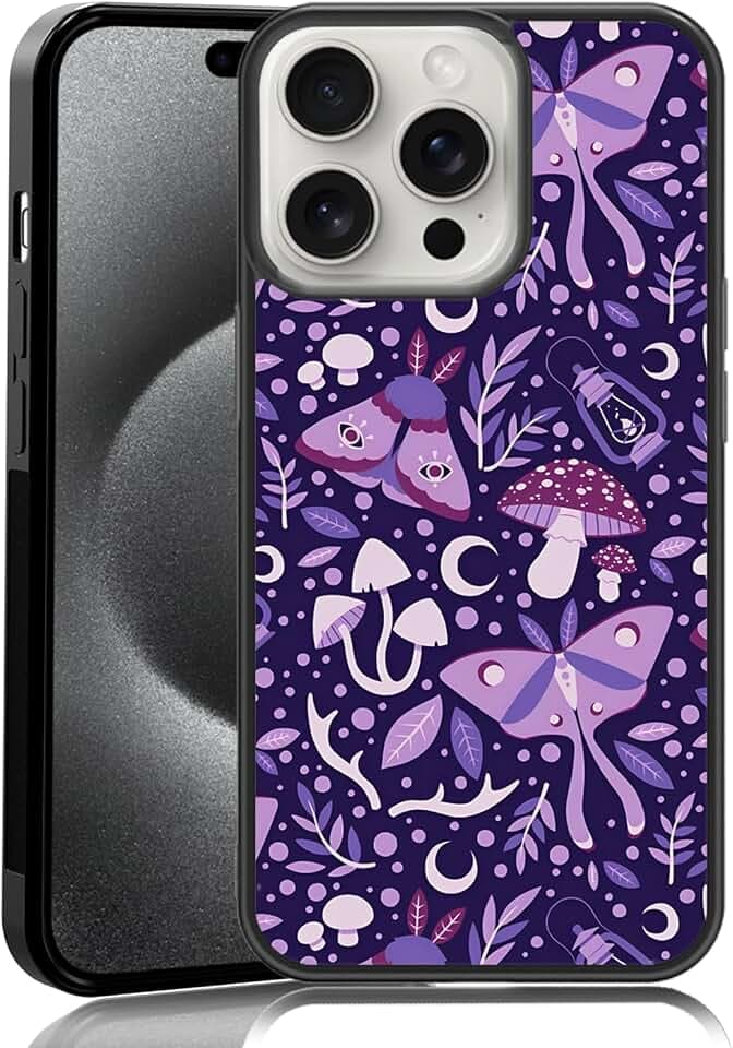 Purple The Woods Phone Case Fit for iPhone 15 Pro — TPU Shockproof Designed Mushrooms Moth Phone Cover Gift for Boy Girl Men Women