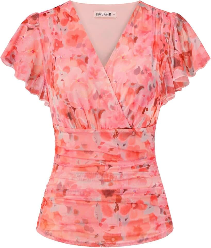 GRACE KARIN Damen Blumen Boho Bluse V-Ausschnitt Rüschen Kurzarm Shirt Plissiert Mesh Oberteile Slim Fit Vintage Sommer Top
