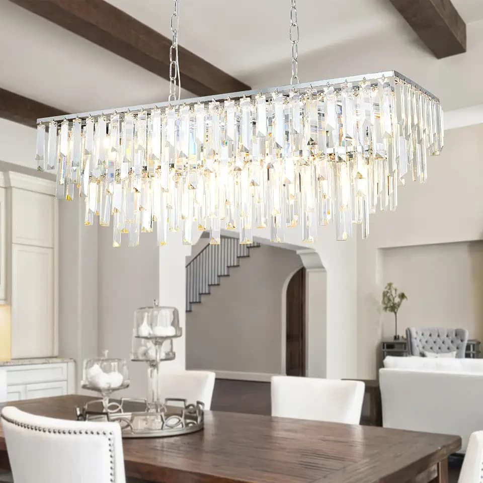 Chrome Rectangle Crystal Chandelier 32" Modern Chandelier for Dining Room