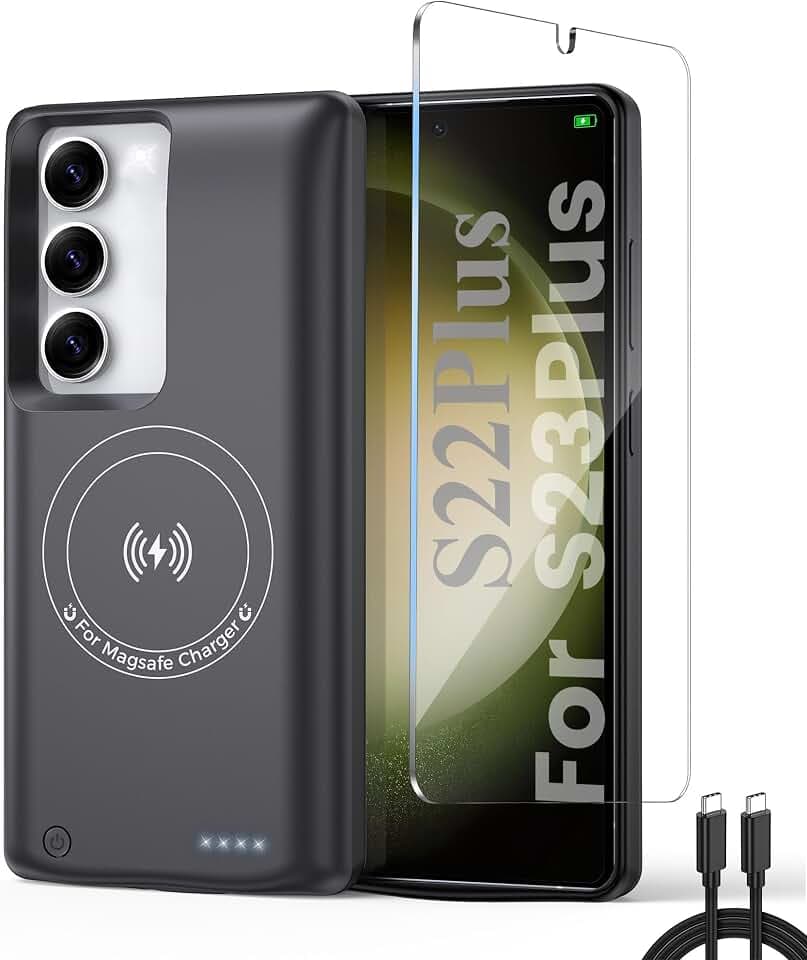 Schutzhülle mit Akku für Samsung Galaxy S23 Plus/S24 Plus, magnetisch, kompatibel mit kabellosem Laden, Schutzhülle für Backup-Batterie, Powerbank