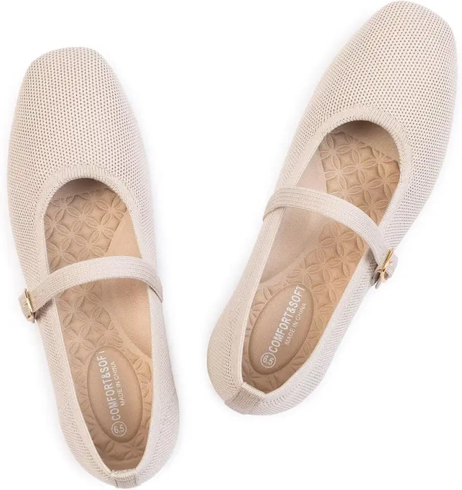 Frank Mully Womens Casual Flat Shoes Square Toe Shoes Knitted Mesh Flat Comfort Work Flat Shoes for Daily Washable