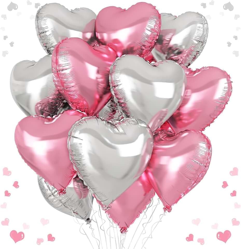 Pink Silver Heart Balloons, 18In Pearl Pink and Silver Heart Shape Balloons