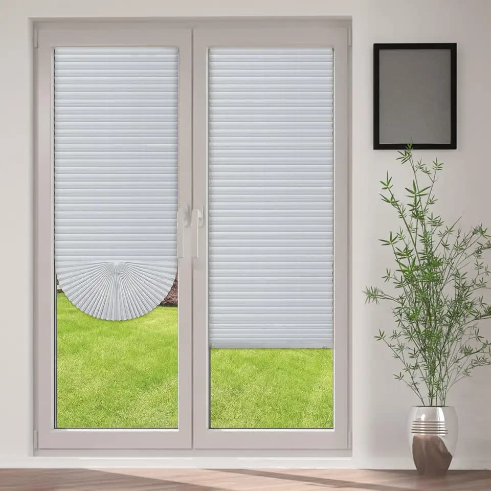 Threehoney 2 Pcs 24 x 110 Inches Temporary Blinds Cordless No Drill Cut to Size White Fabric Paper Shades Adhesive Privacy Blind for French Door Sliding Door Window Light Filtering Pleated Shade