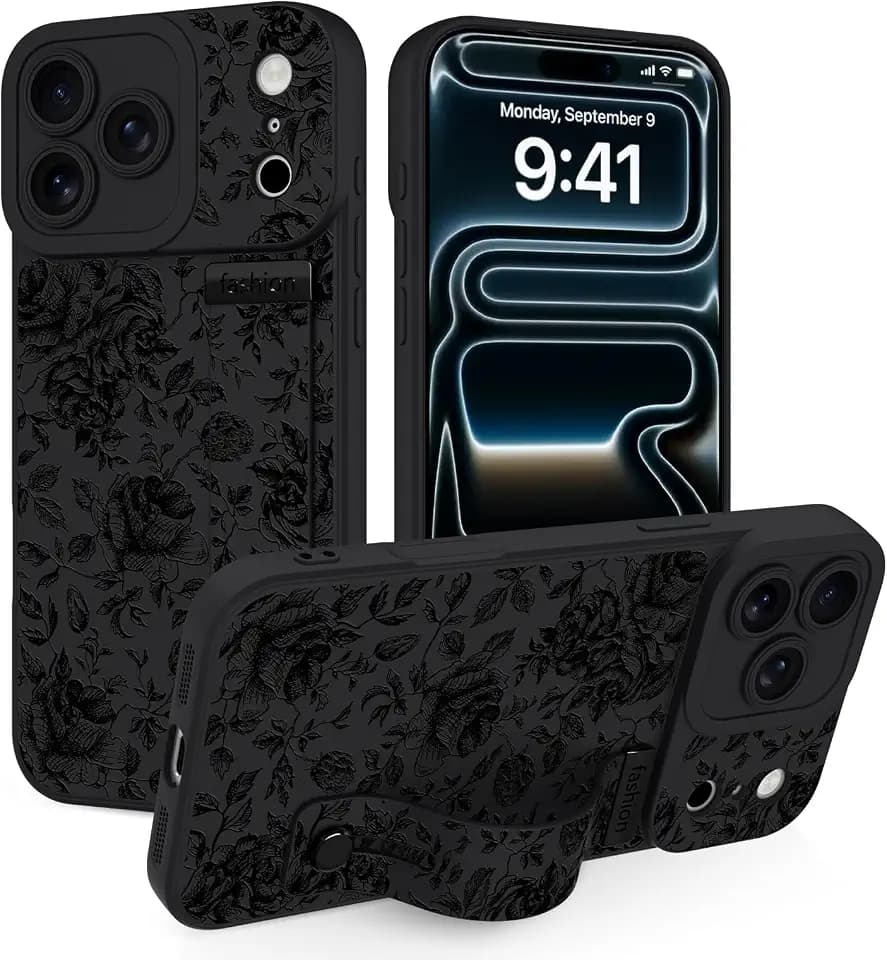 Silicone Case for iPhone 17 Pro with Strap Stand, Black Rose