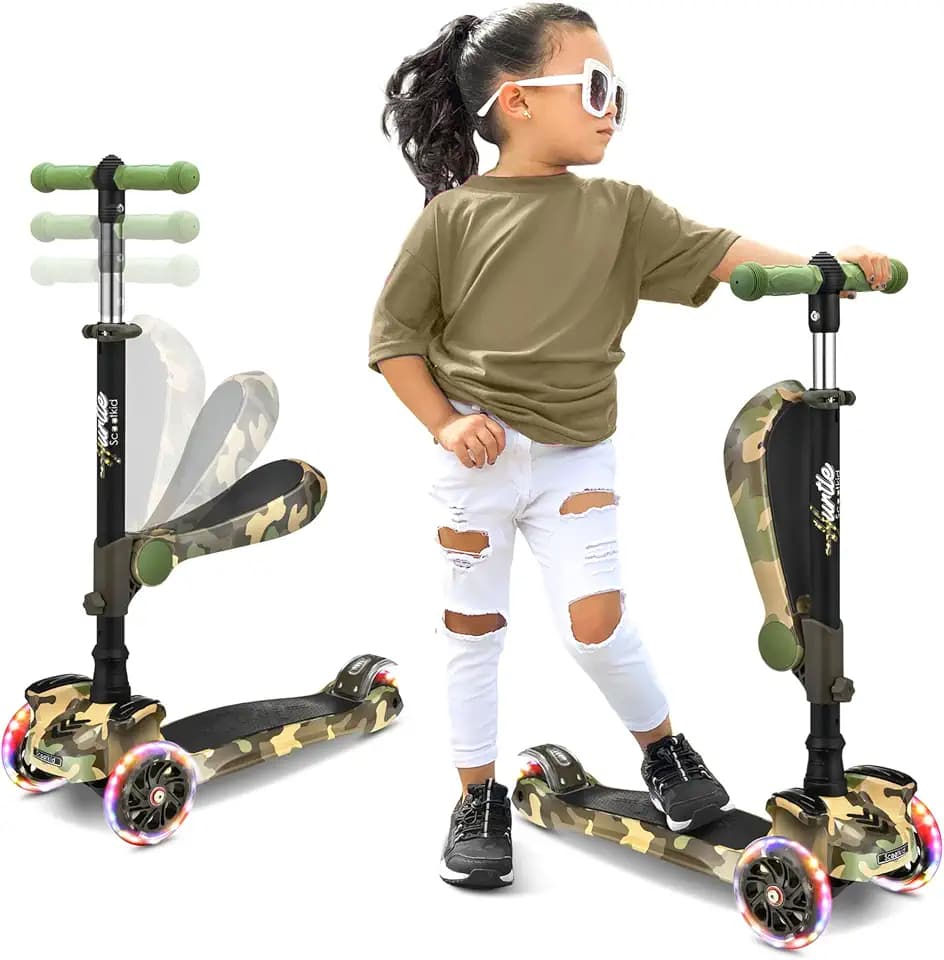 Hurtle Tretroller mit 3 Rädern für Kinder – LED-Lichter, Verstellbarer Lean-to-Steer-Lenker und Faltbarer Sitz – Sitzen oder Stehen mit Bremse für Jungen und Mädchen im Alter von 1–14 Jahren