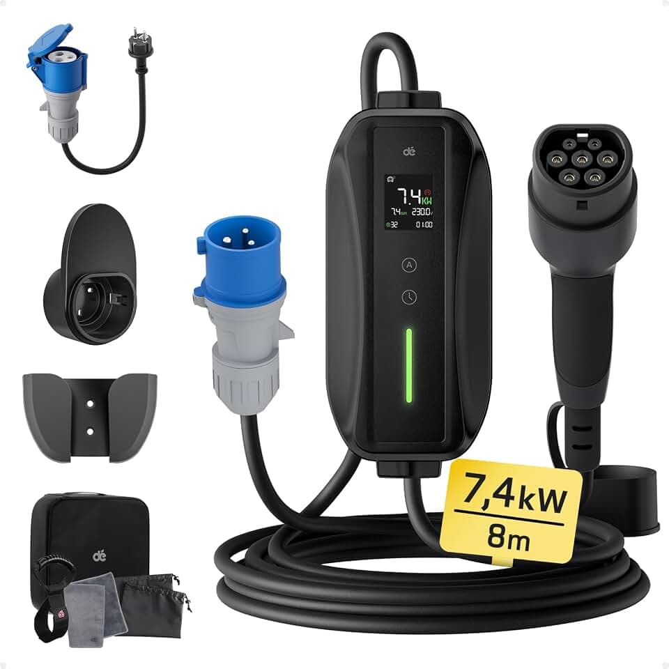 dé Ladekabel Typ 2 CEE Stecker 7,4kW [1-phasig|8m|6-32A] mit Einstellbarer Ladeleistung, EV-Ladegerät und Mobile Ladestation/Wallbox für ID.3, ID.4, ID.5, Model Y / 3, e-up, e-tron, Zoe und andere EV