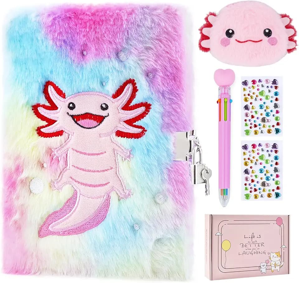 PJDRLLC Axolotl Diary with Lock - Gift for 6 7 8 9 10 Years Old Girl