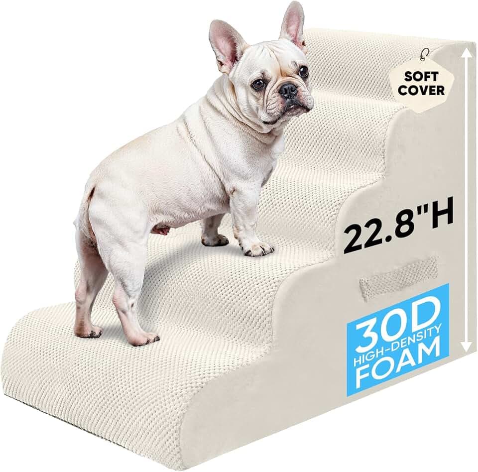 PAWSCRAT 5-Step Pet Stairs for High Beds & Sofas, 22.8''H Dog Stairs, Beige