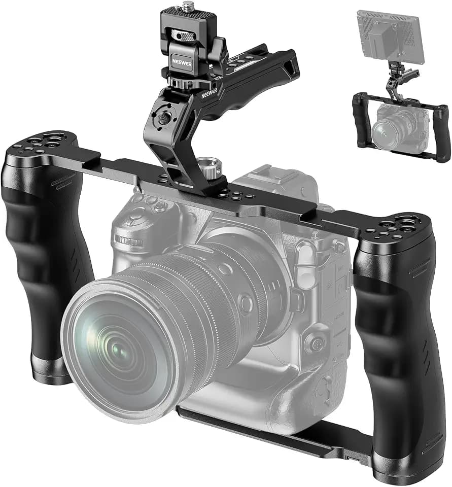 NEEWER Universal Kamera Käfig Cage mit oberem Griff, Zubehör Monitor Halterung, Arca Typ Kamera Gimbal Stabilisator Video Rig, Zwei Handgriffe und 3/8" kompatibel mit SmallRig CA016T+MA006