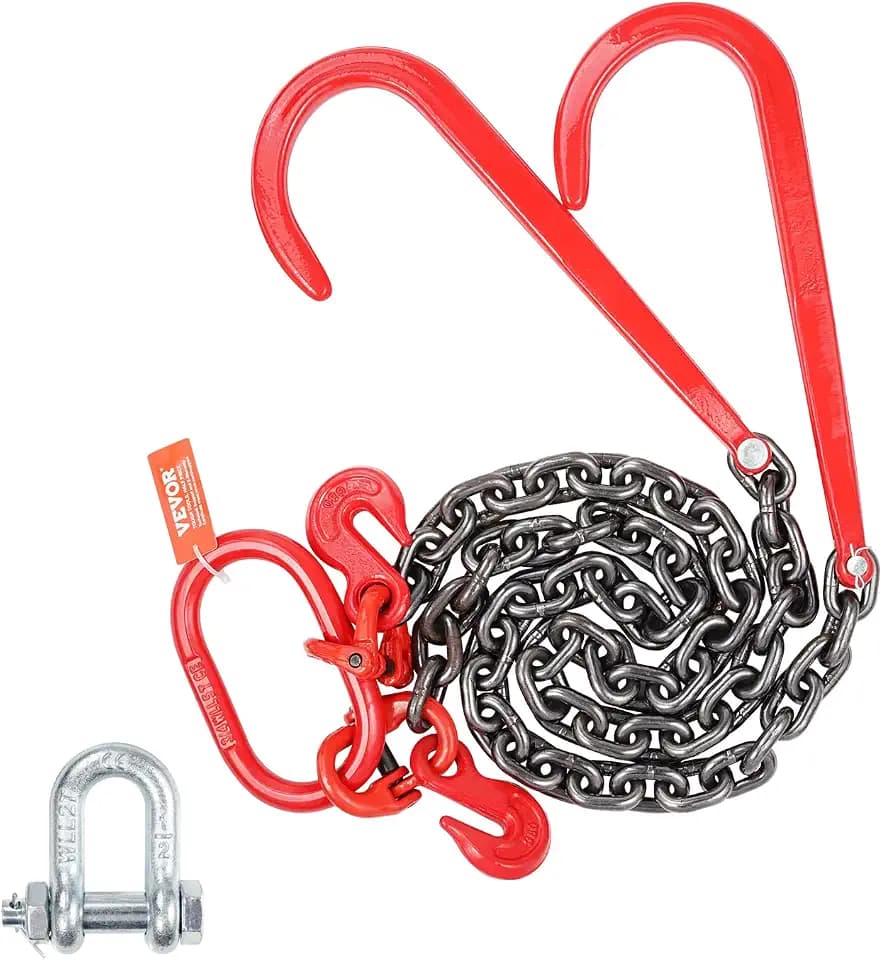 VEVOR G80 Abschleppkette,10 mm x 90 cm Stahlkette mit J-Haken und Greifhaken, Schwerlast-Transportschleppkette mit 7074 kg sicherer Arbeitslast zum Heben, Laden, Abschleppen und Festbinden