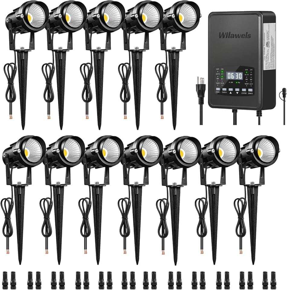 12 Pack Landscape Lights with 2 Zone 300W Low Voltage Transformer, 3000K 12V LED Landscape Lighting Kit, Waterproof Aluminum Landscape Spotlights with Connectors for Yard Tree Garden W01LK06