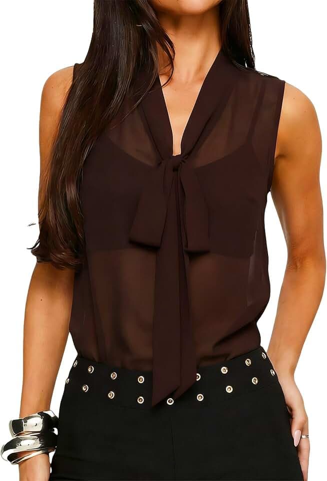 Prettywear Sheer Sleeveless Blouses for Women 2026 See Through Chiffon Sexy Going Out Party Club Tops Button Bow Tie Shirts