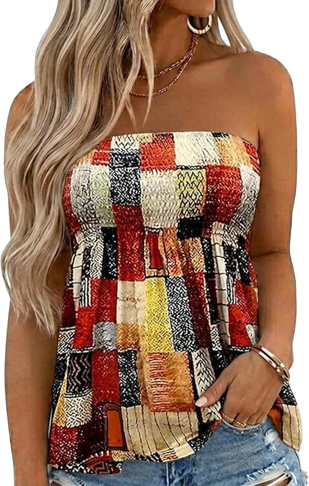 Womens Smocked Strapless Bandeau Tank Tops Tube Tops Backless Shirts