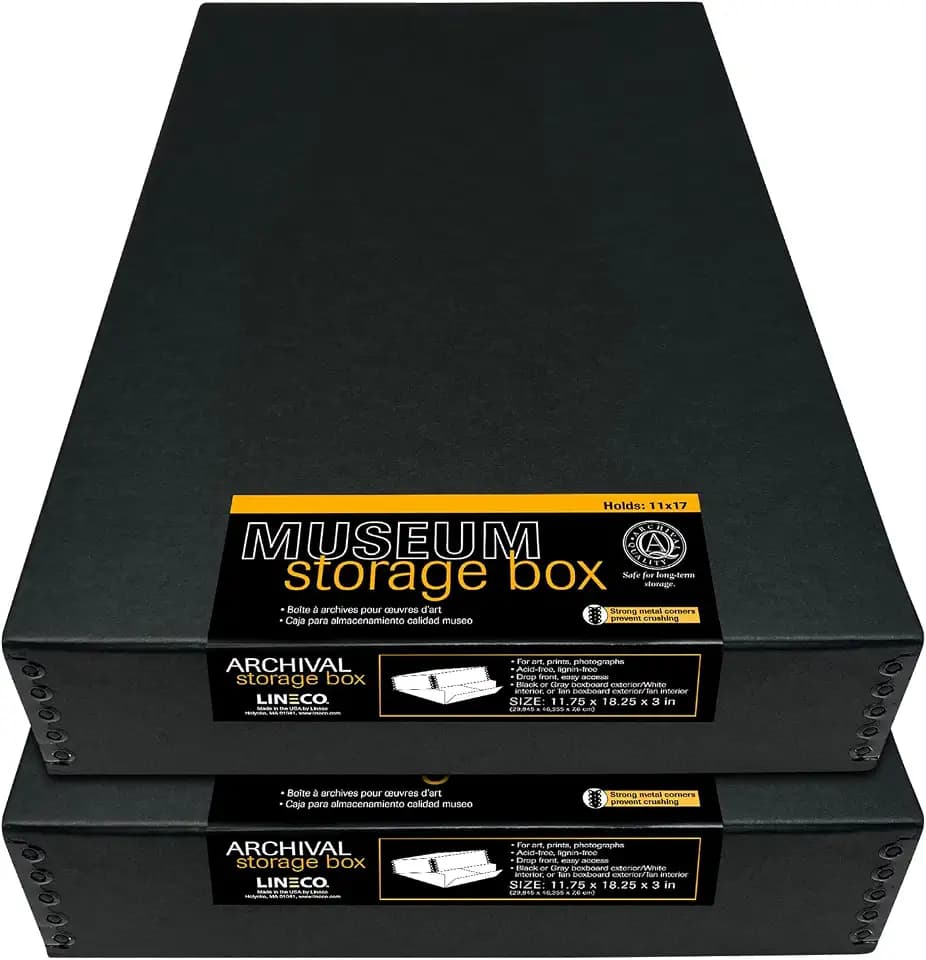 Lineco Drop Front Archival Storage Box, 11.75x18.25x3 in, Black, 2 Pack