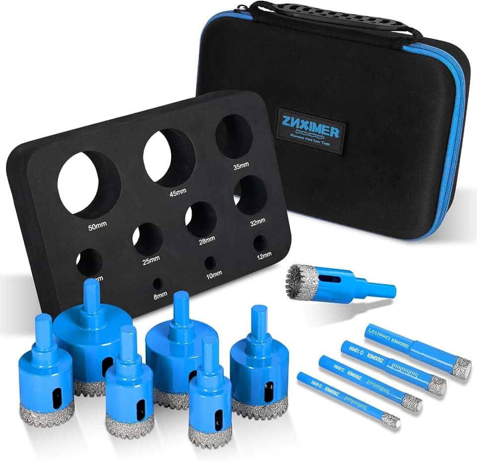 Diamond Hole Saw Tile Drill Bits Kit, 11 PCS Serrated Brazing Core Drill Bit Set with EVA Hole Saw Guide Jig, Hole Saw Sets for Ceramic, Glass, Tile, Marble, Granite, Gypsum