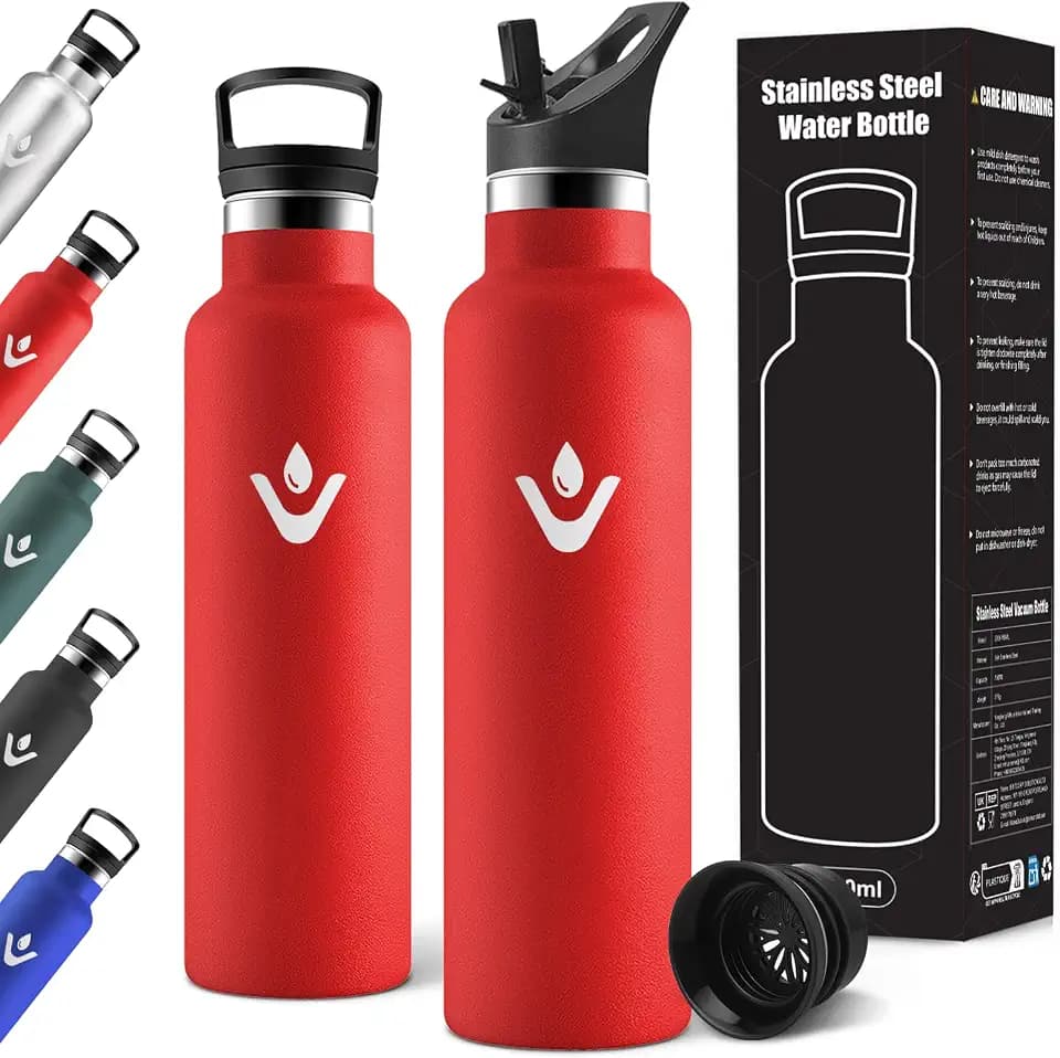 Motswedi Trinkflasche Edelstahl, 750 ml Auslaufsicher, Thermosflasche, Mit 2 Deckeln und Strohhalm, Wasserflasche, Vakuum Doppelwandig, Isolierflasche für Sport, Schule, Fitness, Rot